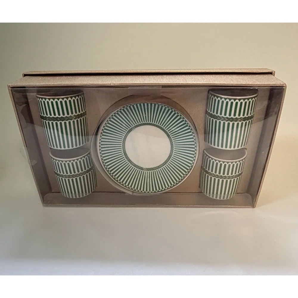 Grace Teaware Espresso Coffee Set 4 Cups & Saucers Green White Stripe New in Box